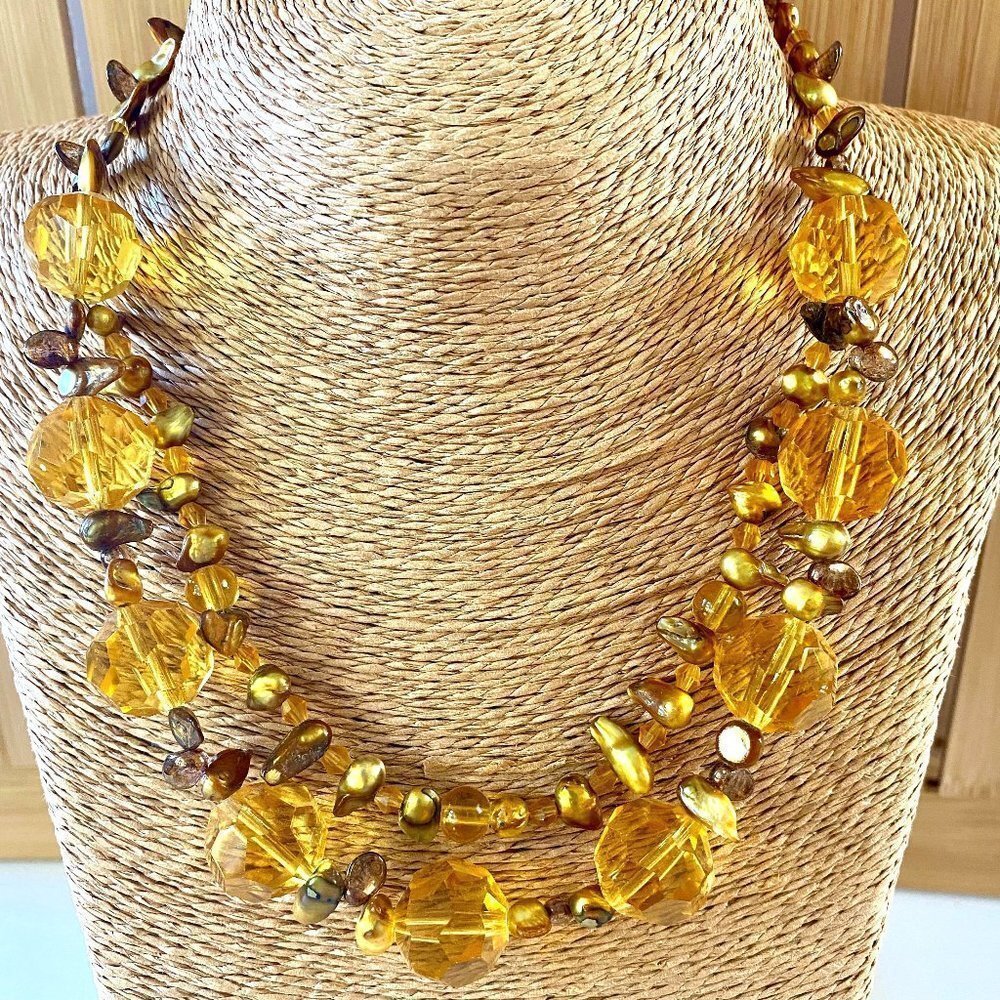 𝅺Yellow Pearl Crystal & 925 2 Strand Handmade Necklace Silver Dawn Jewels OOAK
